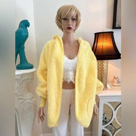 Plush Hooded Teddy Coat in Bright Yellow - Picture 2 of 9
